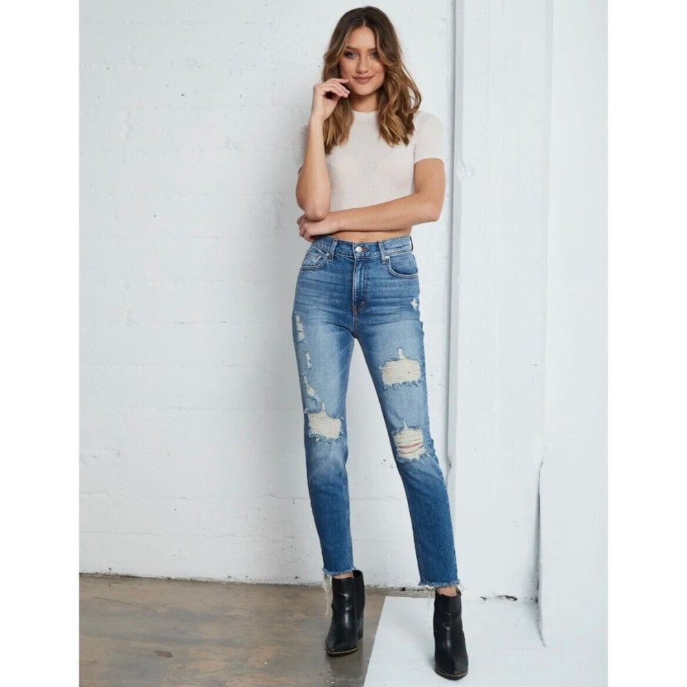 Revice Uptown Super High Waisted Distressed Frayed Hem Jeans | Size 27